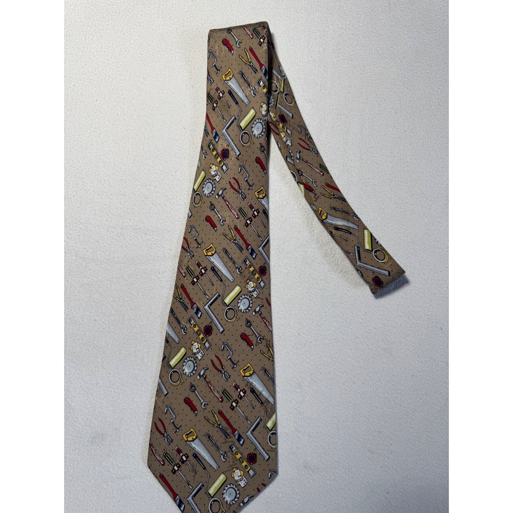 Vintage 1997 Nicole Miller Silk Tie Mens Tan Tool Novelty Print Hand Sewn